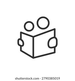 Two people reading book together, linear style icon. Collaborative learning and shared study. Editable stroke width