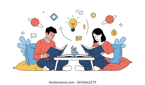 Two people reading books and having an idea while surrounded by planets and plants a symbol of learning and growth