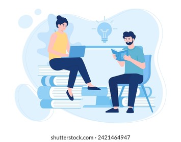 two people reading books and using laptops trending concept flat illustration