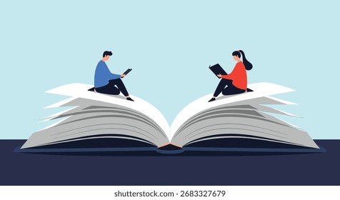Two people are reading books while sitting on a large open book.