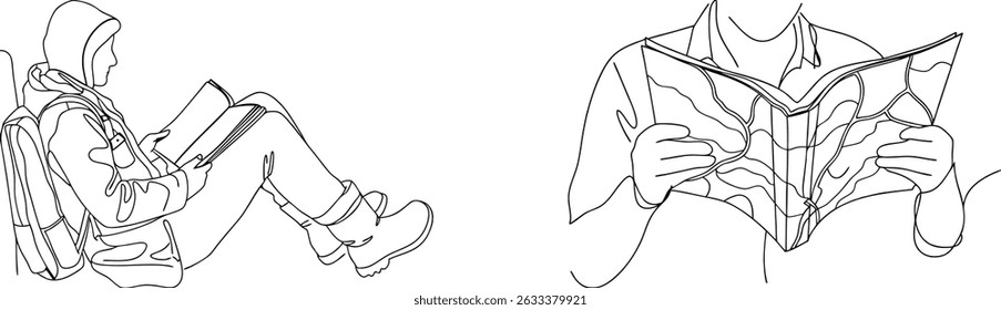 Two people reading illustrated in black and white line art depicting a traveler's journey