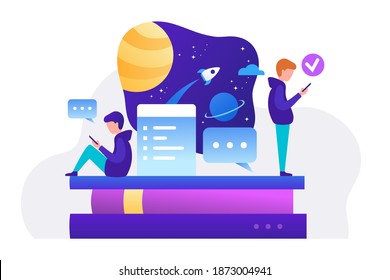 Two people reading messages, a stack of books and outer space. Teamwork, online learning and communication. Vector cartoon illustration. Startup idea. Freelancers work remotely.