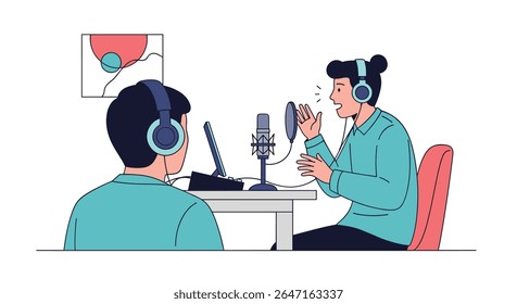 Duas pessoas gravando um podcast em um estúdio