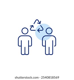 Two people and recycling arrows. Eco-friendly team, collective sustainability. Pixel perfect vector icon