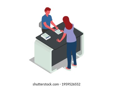 Two people in registration activity. Simple flat illustration