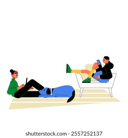 Two People Relaxing With Devices At Home In Flat Vector Illustration Symbolizing Leisure And Digital Connection, Isolated On White Background