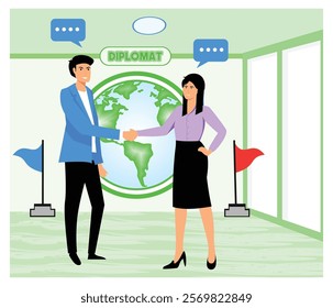 Two people representing diplomacy shake hands, symbolizing international collaboration in a conference setting, with flags and globe decorations. Flat vector modern illustration 