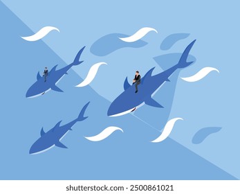 Two People Ride Bright Blue Shark Beneath the Waves 3d vector illustration concept