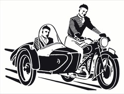 Two People Ride An Old Sidecar Motorcycle