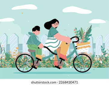 dos personas montando bici felizmente en la ilustración vectorial plana de primavera. madre e hijo montando juntos en bicicleta. adulto y niño. bicicleta construida para dos. paisaje primaveral con pradera floral. 