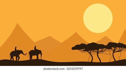 Two People Riding Elephants in African Savannah Landscape. Exotic nature locations and traveling adventures vector art