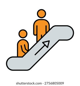 Two people riding up escalator