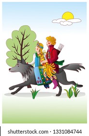 Two people riding the Grey Wolf. Vector Illustration for russian fairy tale about Ivan Tsarevich, The Grey Wolf and Firebird.