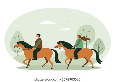 Two people riding horses in nature, surrounded by trees and greenery, in a flat vector illustration style