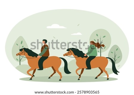 Two people riding horses in nature, surrounded by trees and greenery, in a flat vector illustration style