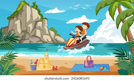 Two people riding a jet ski near a sandy beach.