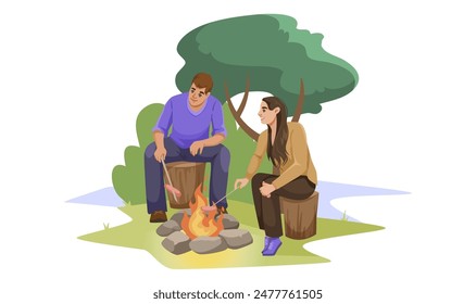 Two people roasting marshmallows over a campfire, cartoon style, outdoors with trees and grass, concept of camping and outdoor activities. Vector illustration