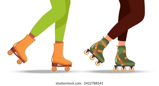 Two people roller-ride. Person legs with rollers. Body part legs in roller skate trick. Sport, recreation, relax, hobby theme. Casual comfortable shoes, clothing. Flat Vector isolated on white