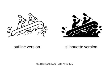 Two people rowing a raft boat in rough water river rapids outline and solid icon set design