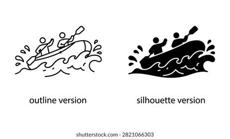 Two people rowing a raft on rough river water showing both a simple line art outline and a solid silhouette