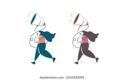 Dos personas corren hacia adelante con megáfonos mientras gritan en voz alta.