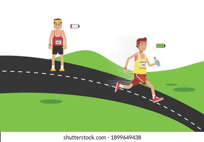 Dos personas corren maratones, una está cansada y la otra corre rápido