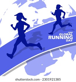 Two people running on track with earth icon and bold text on white background to commemorate Global Running Day on June