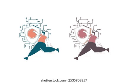 Duas pessoas que trabalham com escudos simbolizando a proteção e a segurança de dados em uma rede digital.