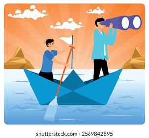 Two people sailing a blue paper boat with determination and enthusiasm, focused forward to achieve success. Flat vector modern illustration 