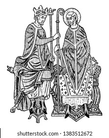 Two people sat on tables and them looking at each other. One person gave a crosier to another, vintage line drawing or engraving illustration.