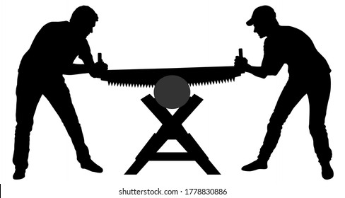 Two people sawing a log with a hand saw. Silhouette vector illustration