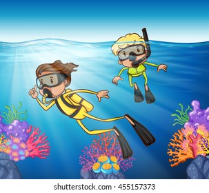 Two people scuba diving under the ocean illustration