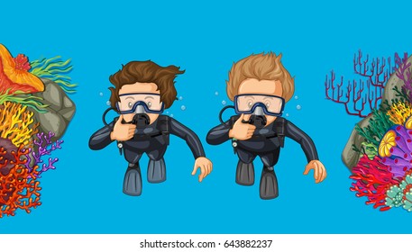 Two people scuba diving under the sea illustration