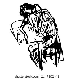 Two people seated at the table. Despair and consolation. Drug addicted couple. Hand drawn linear doodle rough sketch. Black silhouette on white background.