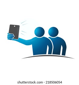 Two people Selfie. Concept of taking a self portrait with smart phone. Vector design