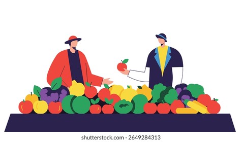 Duas pessoas estão vendendo frutas e legumes em uma banca de mercado exibindo uma variedade colorida de produtos frescos