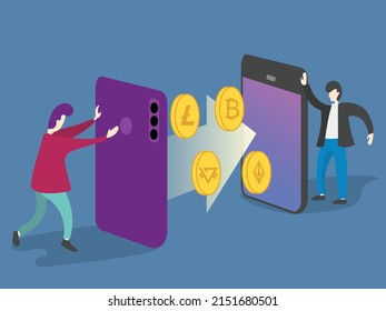 Zwei Leute senden Kryptowährung vom Smartphone zum Smartphone.