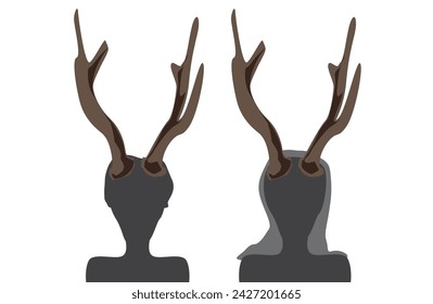 Two people in shadows with deer horns, isolated on white empty background.