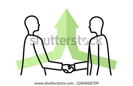 Two people shake hands against the backdrop of a graph up. Concept - successful cooperation. Flat vector illustration with outline.