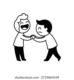 Dos personas se dan la mano enfrentadas con expresiones opuestas capturadas en una simple ilustración lineal