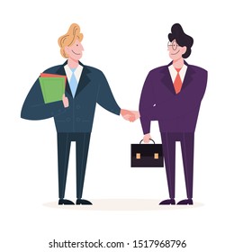 Two people shake hands as a result of agreement. Successful cooperation. Happy businessman. Isolated vector illustration in cartoon style