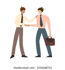 Two people shake hands as a result of agreement. Successful cooperation. Happy businessman. Isolated vector illustration in cartoon style
