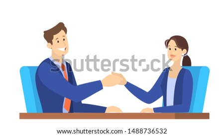 Two people shake hands as a result of agreement. Successful cooperation. Happy businessman. Isolated vector illustration in cartoon style