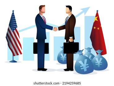 Two people shaking hands with American and Chinese flag, yuan currency symbol on money bags and increasing bar chart as the background, chinese investors, U.S. Debt to China, vector illustration