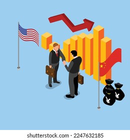 Dos personas estrechando la mano con el concepto de ilustración vectorial 3d isométrica de la bandera estadounidense y china para banner, sitio web, ilustración, página de inicio, volante, etc.