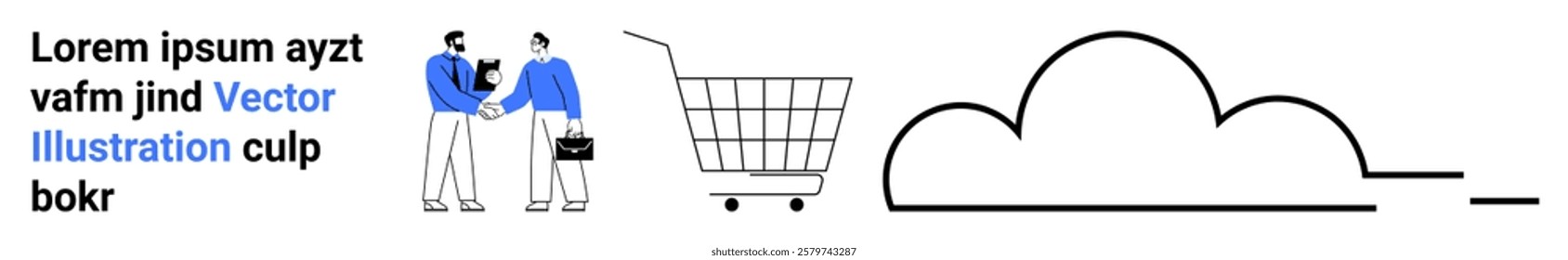 Two people shaking hands beside a shopping cart and cloud symbol. Ideal for online shopping, business partnerships, cloud technology, digital commerce, and collaboration. Banner for landing page