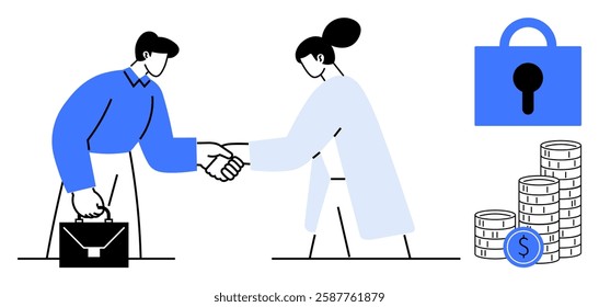 Two people shaking hands, with a briefcase, coins, and a lock symbol. Ideal for business deals, partnerships, financial transactions, security and trust, and professional collaboration. Simple vector