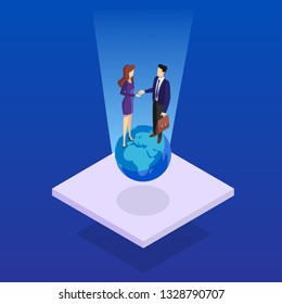 Two people shaking hands. Business deal and partnership. Idea of teamwork and agreement. Isolated vector isometric illustration