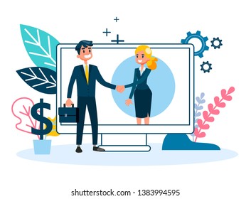 Two people shaking hands. Business deal and partnership online. Idea of teamwork and agreement. Isolated vector cartoon illustration