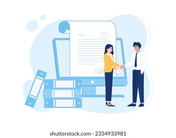 Two people shaking hands with contract signature paper trending concept flat illustration